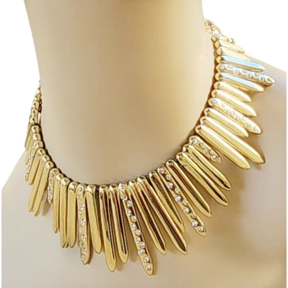 Y2K Gold-tone Chard Statement Necklace with Rhinestones 16.5" - 19" Chunky